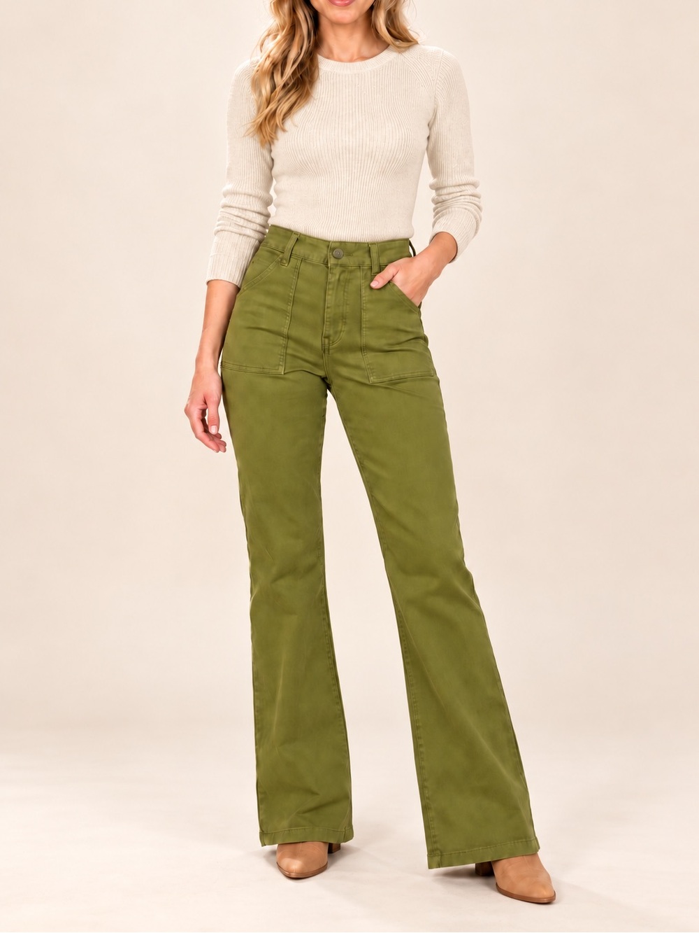 KUT from the Kloth Ana Olive Green High Rise Flare Pants Size 8